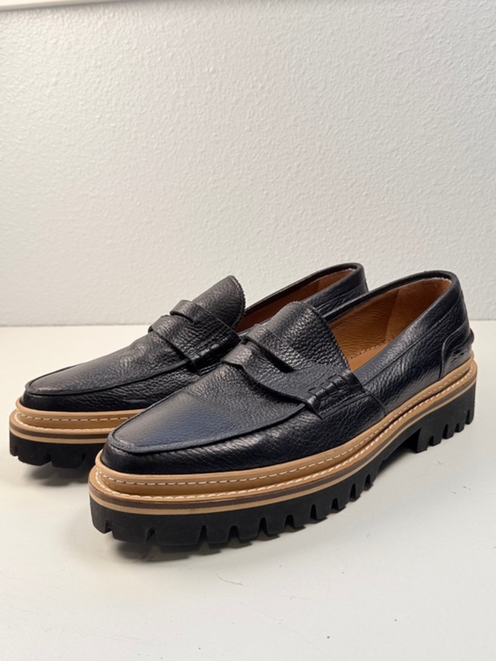 Taft Black Leather Lug-Sole Penny Loafers with Tan Welt Trim